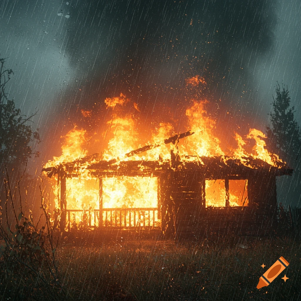 A wooden house fully engulfed in flames during a rainstorm.