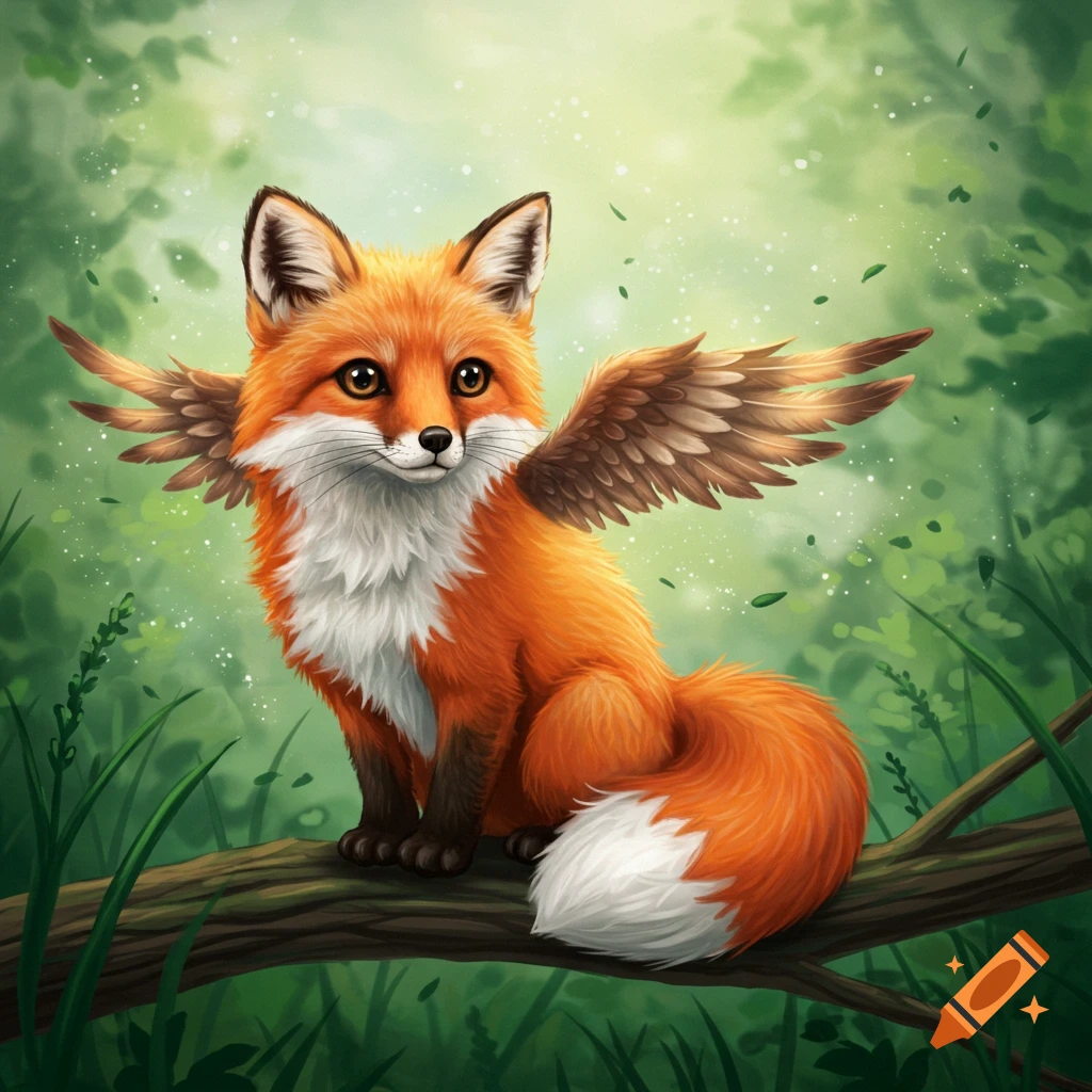 A stylized illustration of a cute winged fox sitting on a log in a forest.