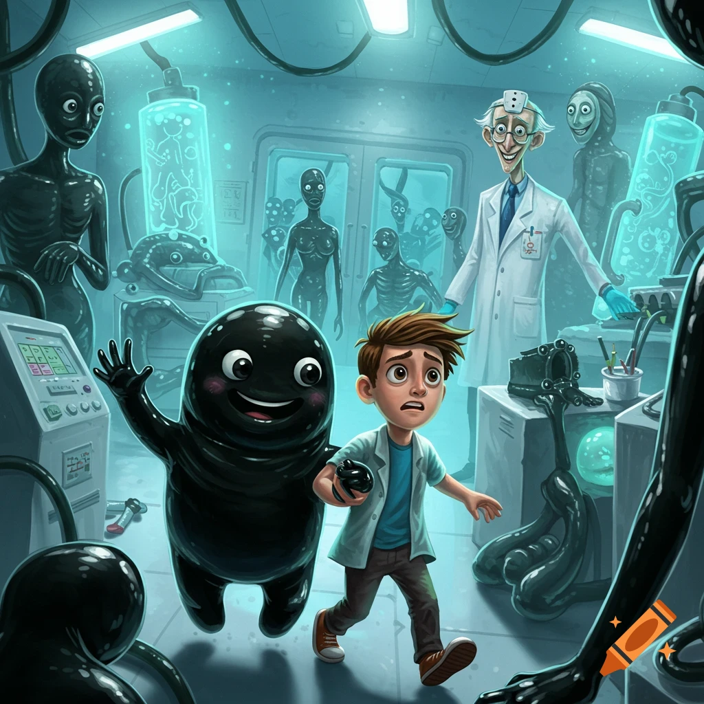 A boy runs with a friendly black blob creature through a sci-fi lab filled with spooky figures and a doctor. Cartoon style.