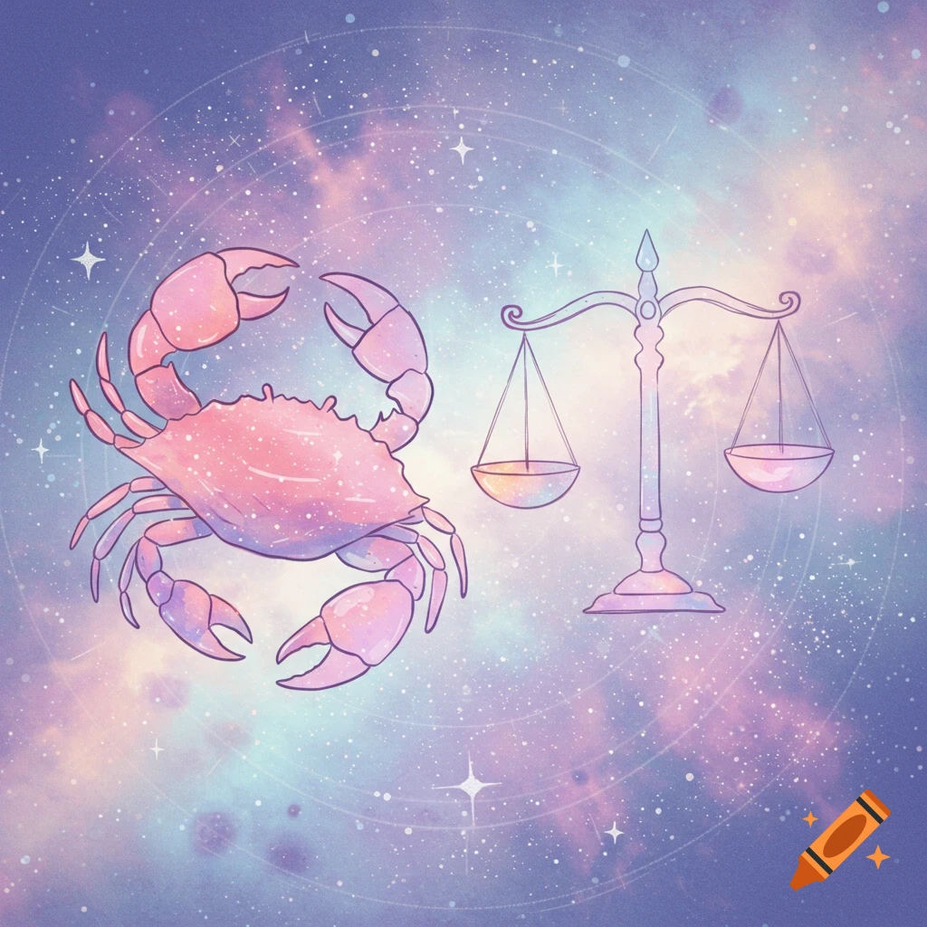 Digital illustration of a pink Cancer crab and purple Libra scales against a starry galaxy background.