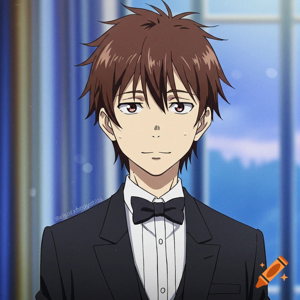 An anime portrait of a man in a black tuxedo and bow tie.
