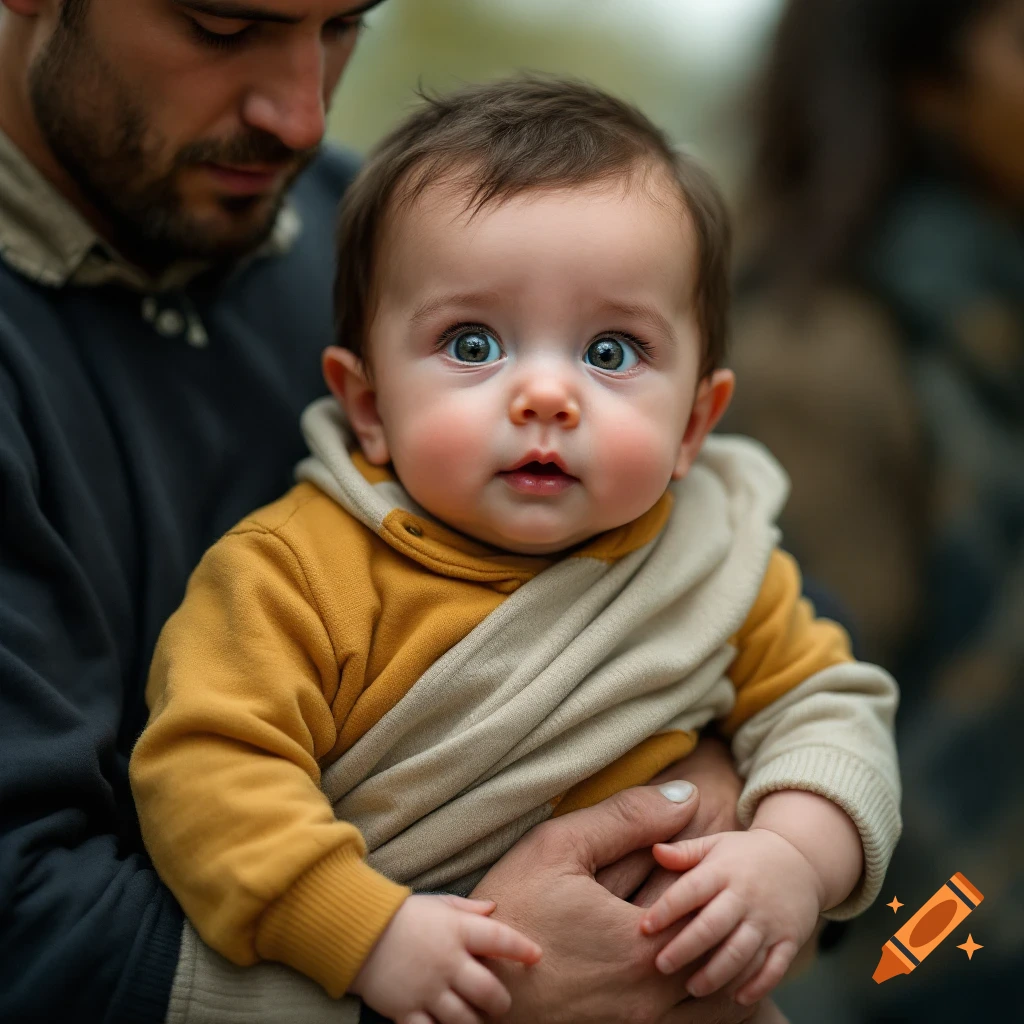 Close-up portrait of a baby with wide eyes being held by an adult.