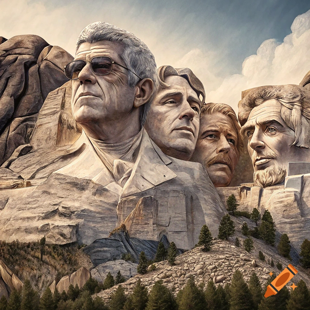 Mount Rushmore carved with faces of Anthony Bourdain, Mac Miller, Hunter S Thompson, and David Foster Wallace.