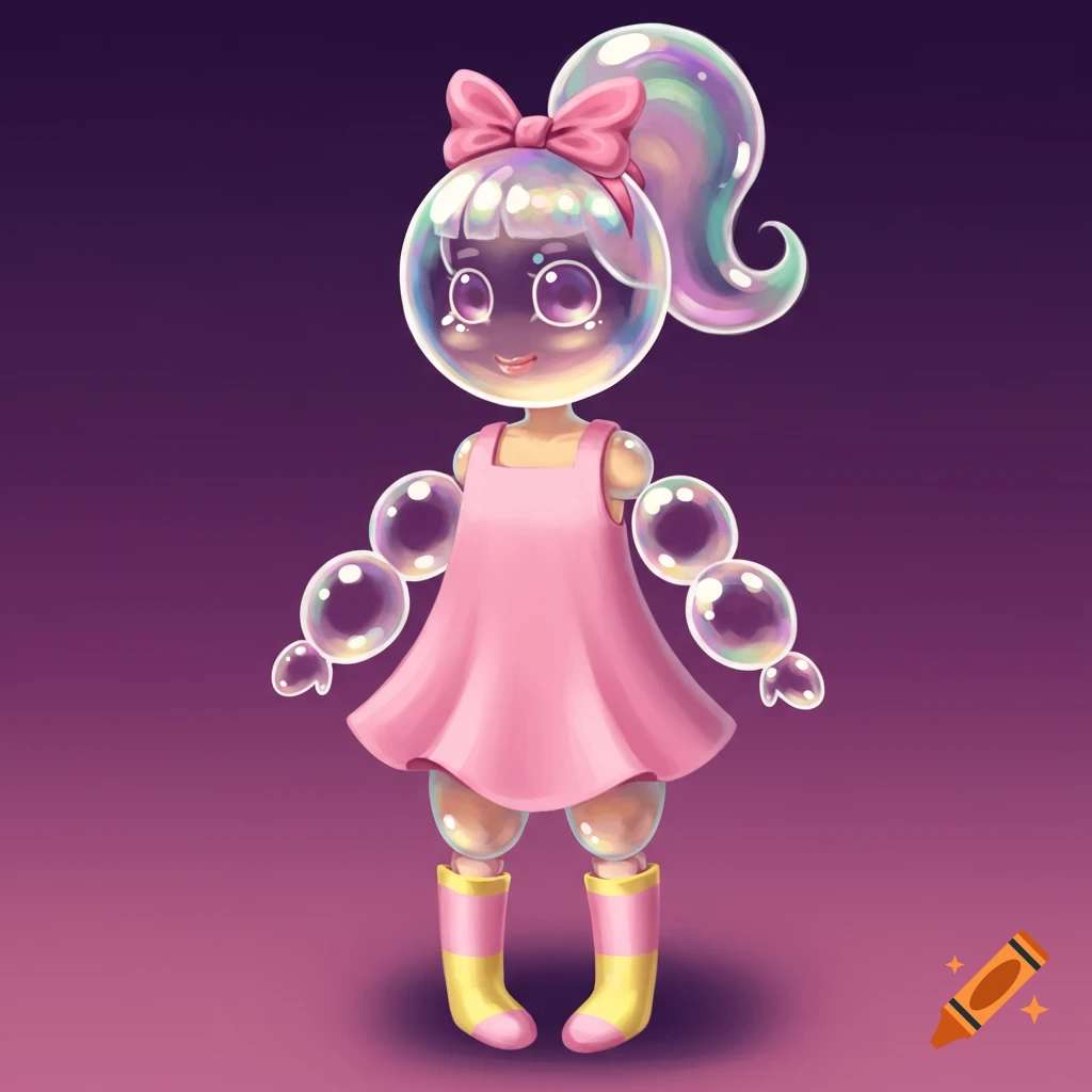 A cute bubble character in a pink dress with bubble arms and legs, wearing pink and yellow boots.