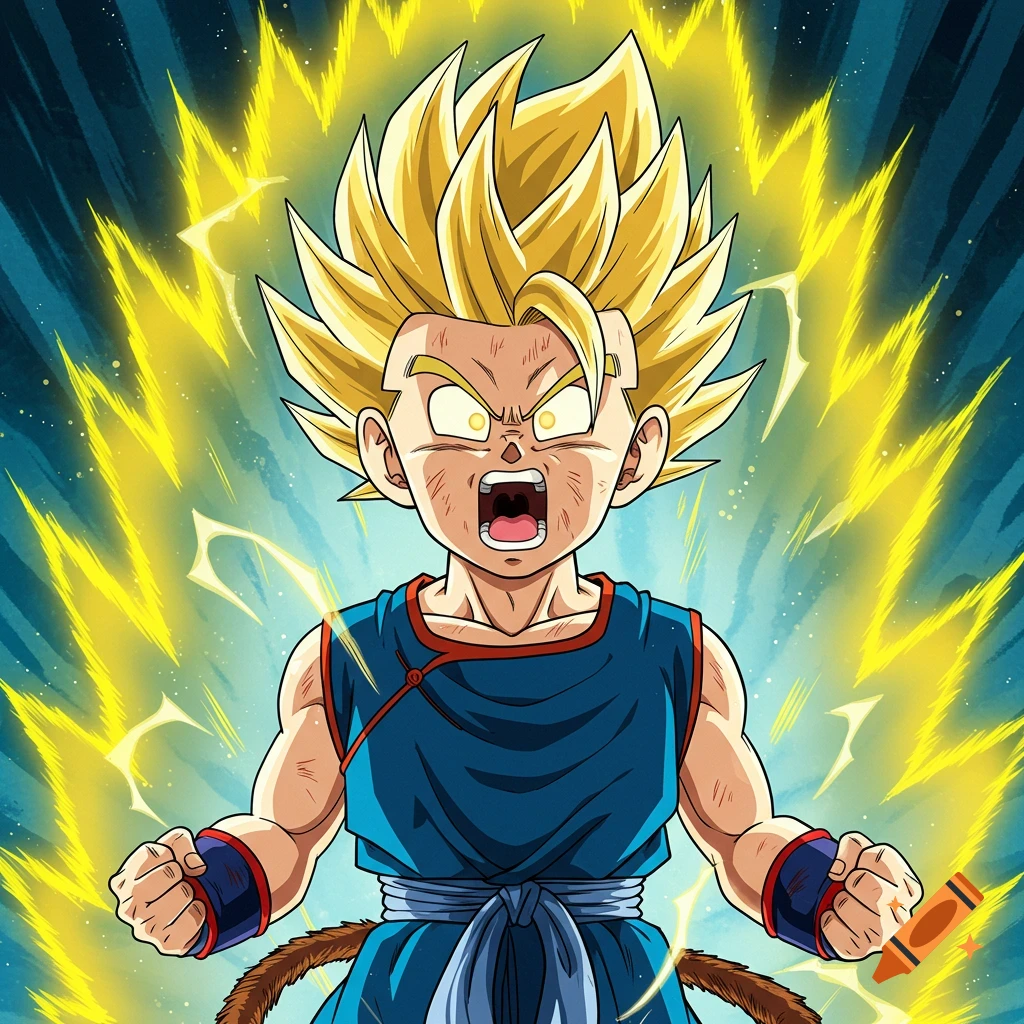 Anime character in Super Saiyan form screaming with yellow energy around him.