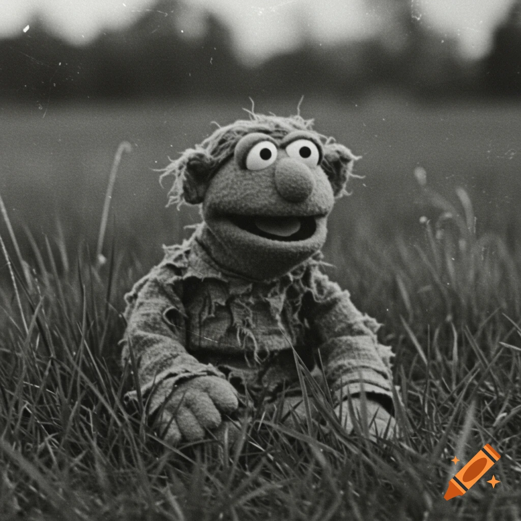 A muppet sits in tall grass in a black and white film style photo.