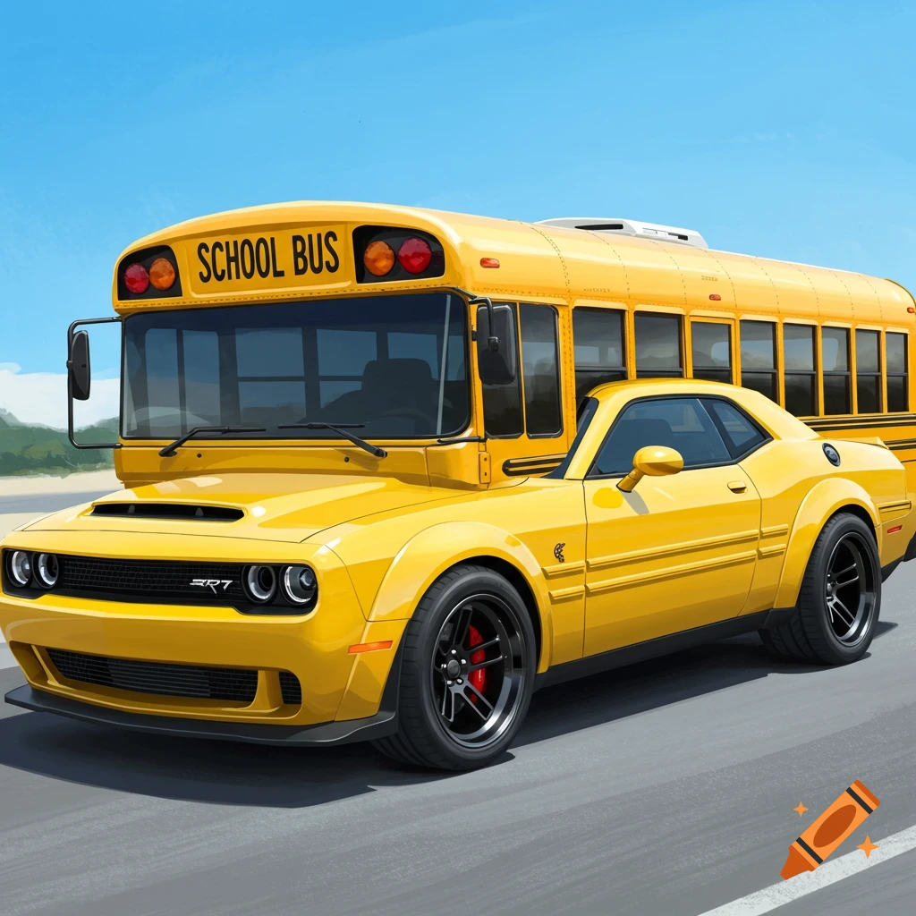 A yellow wide-body car modified to look like a school bus is on a road.