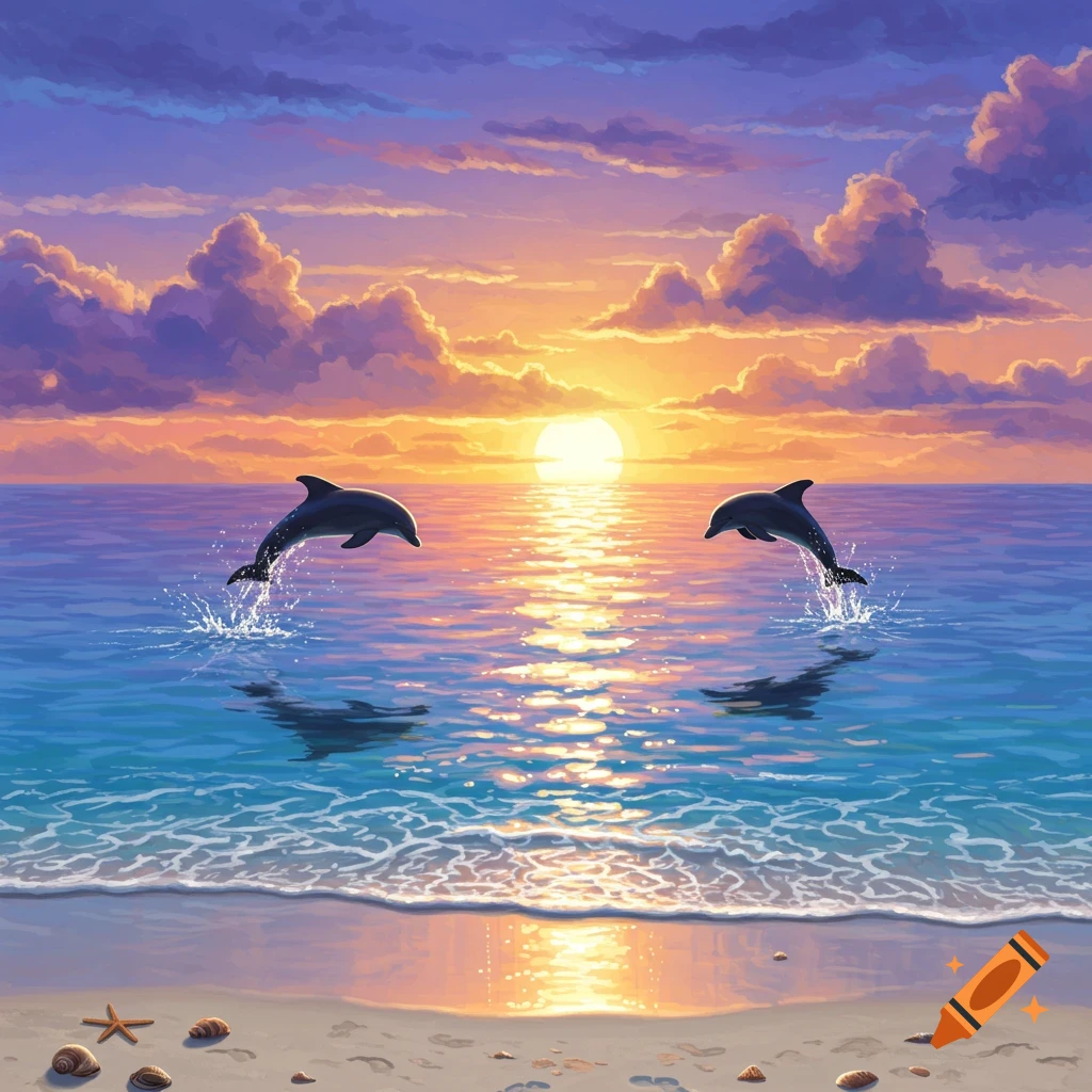 Two dolphins jumping out of the ocean at sunset near a beach.