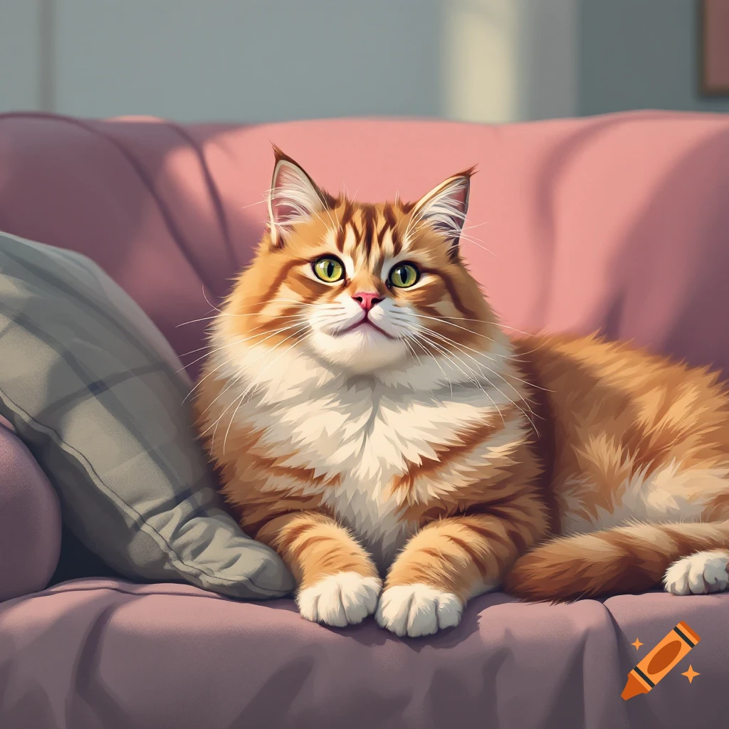 Fluffy orange and white cat lying on a pink couch.