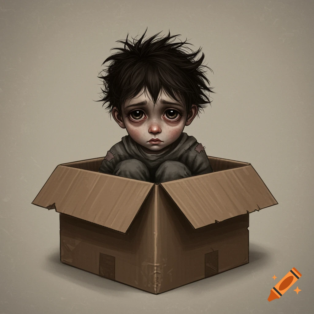 Sad child with messy hair sitting in a cardboard box