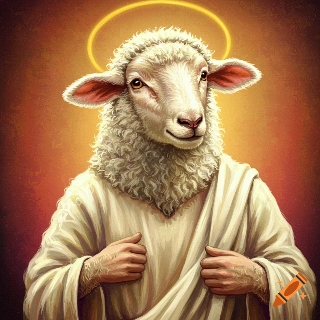 A sheep wearing a white robe and a halo