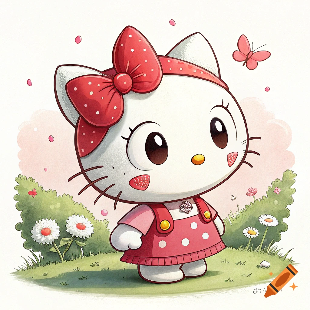 Cartoon of Hello Kitty in a garden with flowers and a butterfly