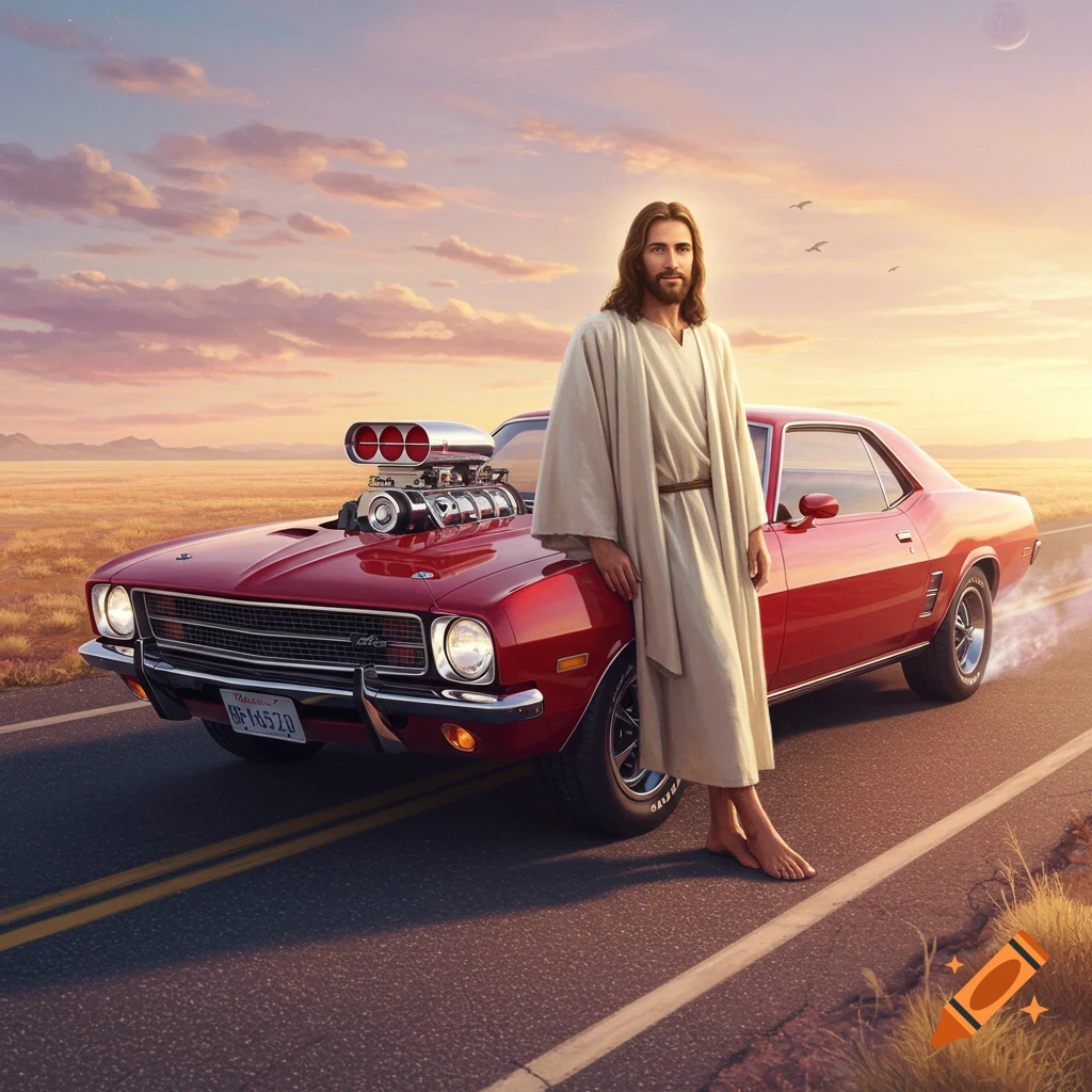 Jesus standing by a red muscle car on a desert road at sunset.