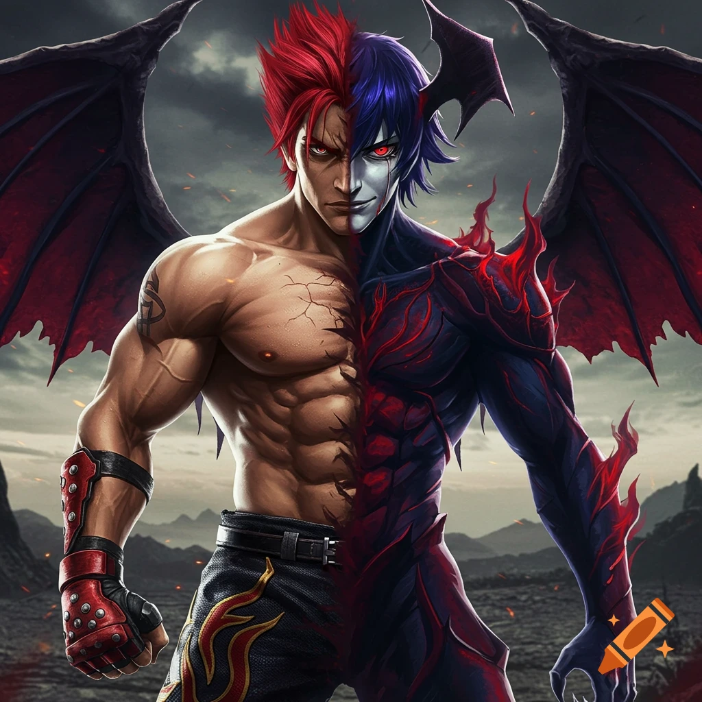 Split human and demon character with wings, standing in a rocky landscape. Fusion of fighting game and anime styles.