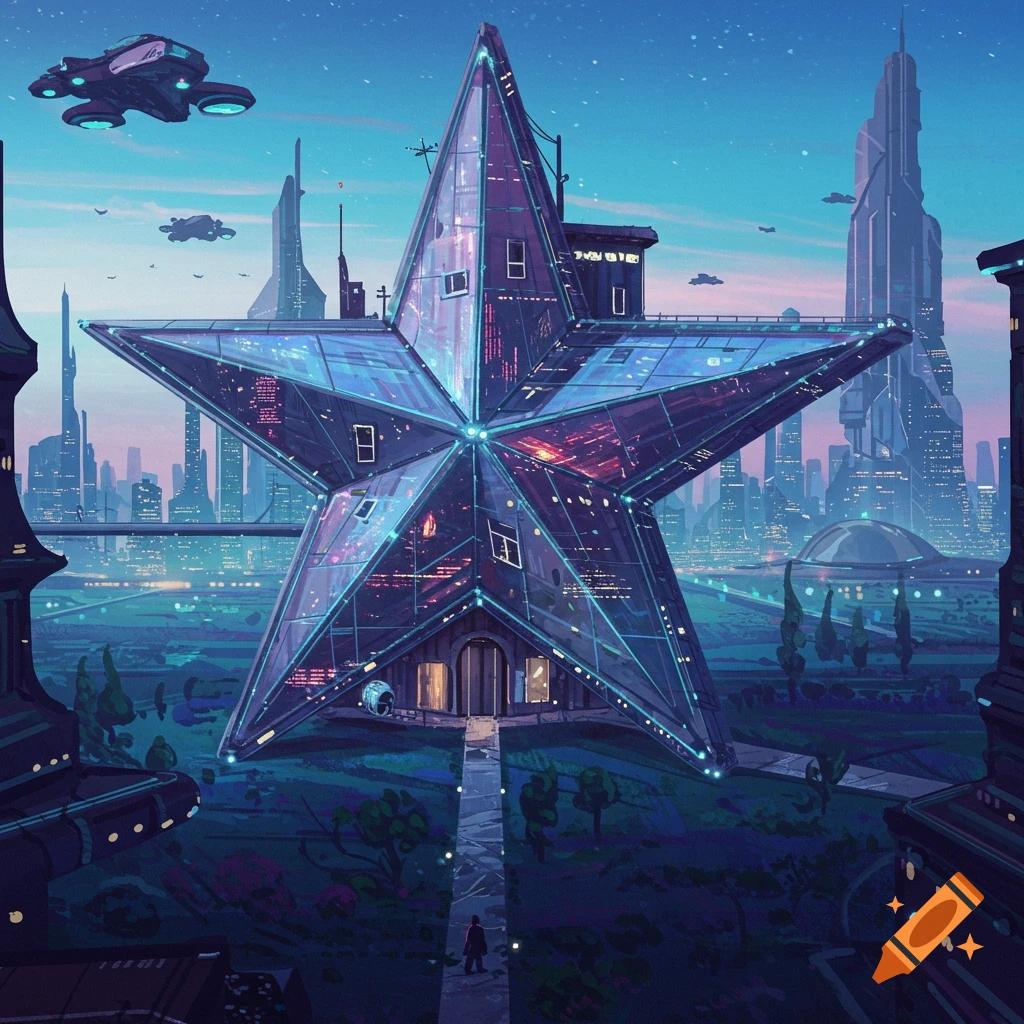 A futuristic star-shaped building stands tall in a bustling city filled with flying vehicles.