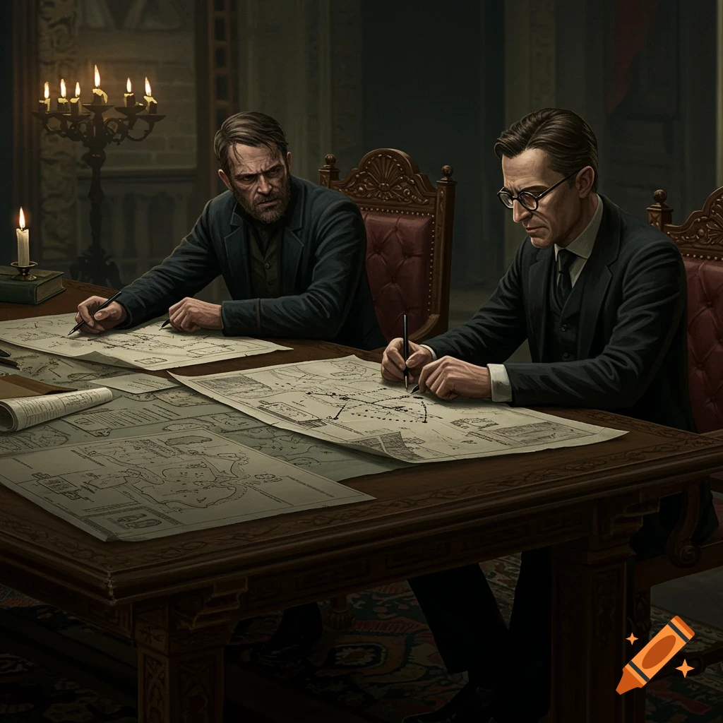 Two men in suits study maps at a table.