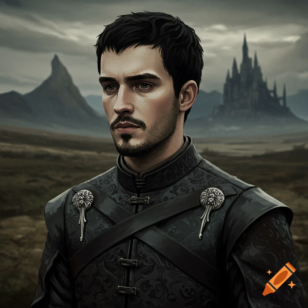 A man in dark fantasy armor stands in a landscape with mountains and a castle in the background.