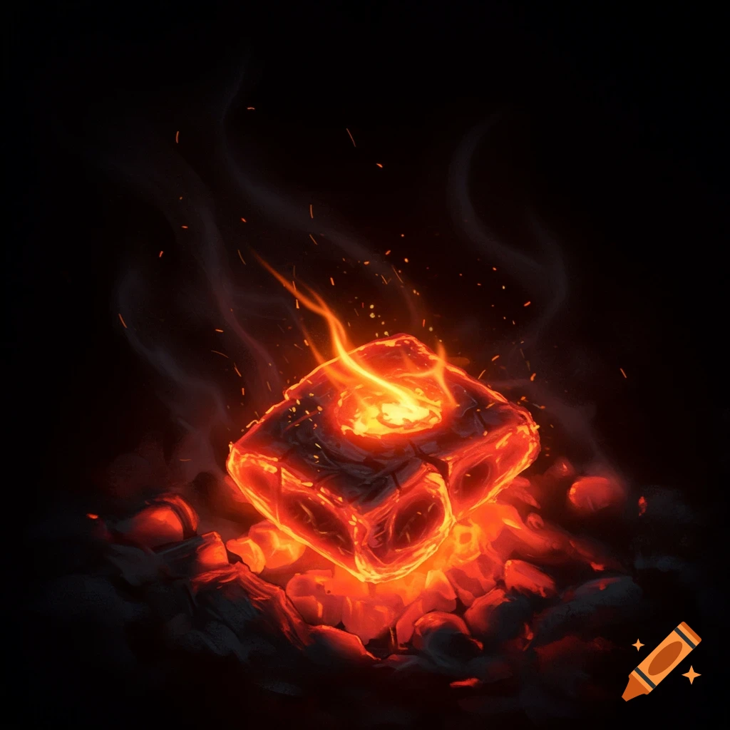 A glowing ember cube is surrounded by smaller embers and smoke in darkness.