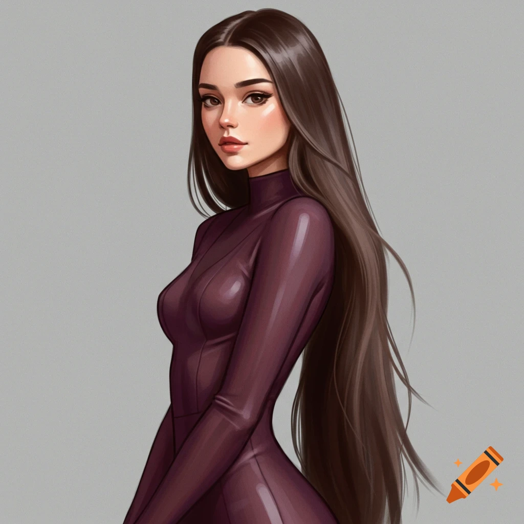Painting of a woman with long brown hair wearing a dark purple form-fitting suit.