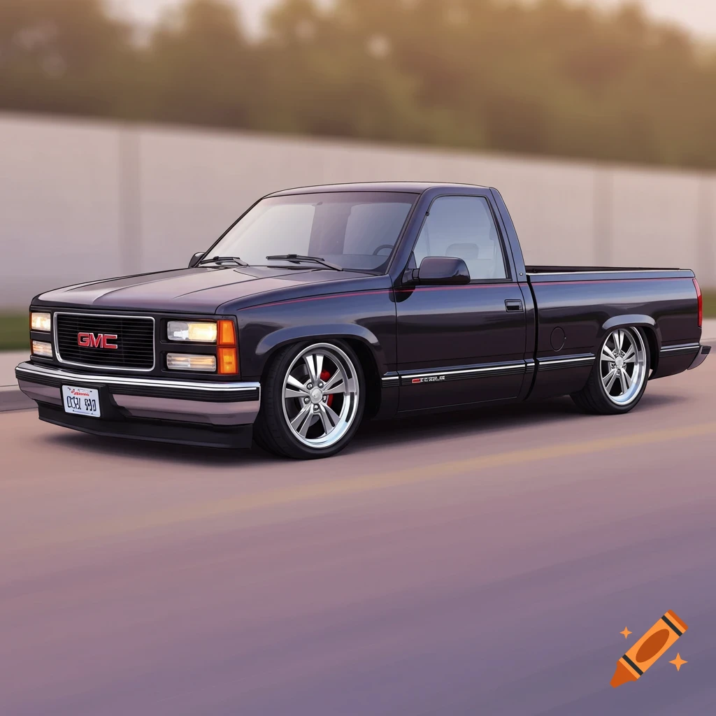 A lowered dark grey 1992 GMC Sierra pickup truck with custom wheels is on a road.