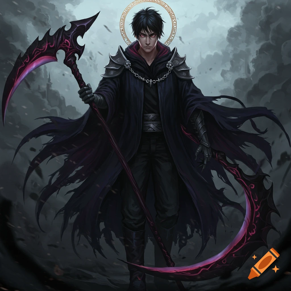A dark fantasy illustration of a figure with a scythe and halo standing in a ruined landscape.