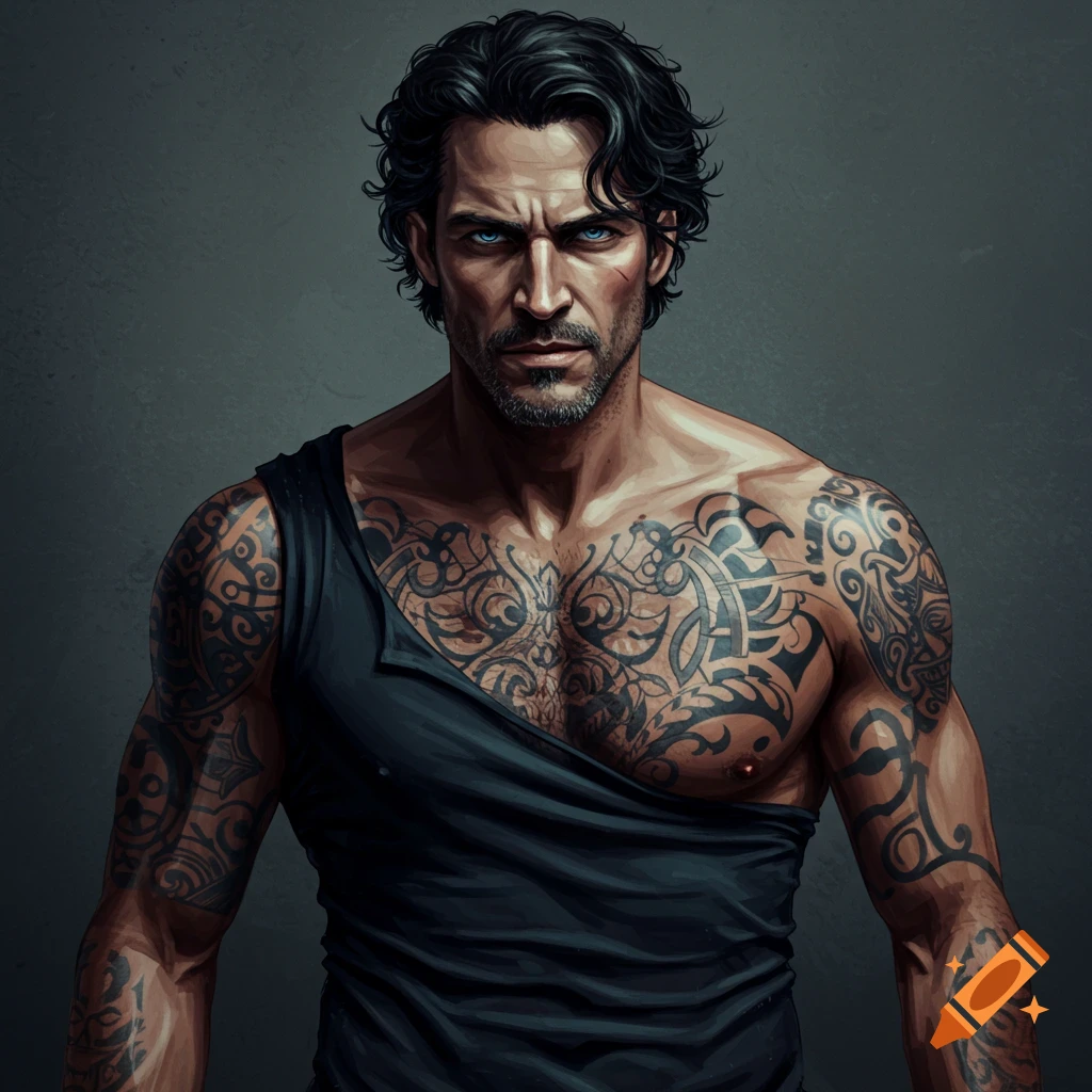 A muscular man with wavy black hair, blue eyes, stubble, and chest and arm tattoos.