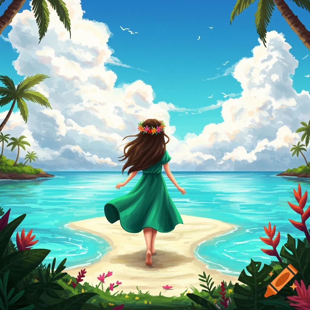 A girl with a flower crown walks on a tropical beach.