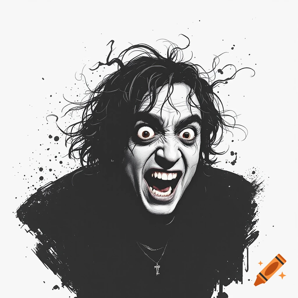 Grotesque black and white portrait of a screaming face with messy hair and wide eyes