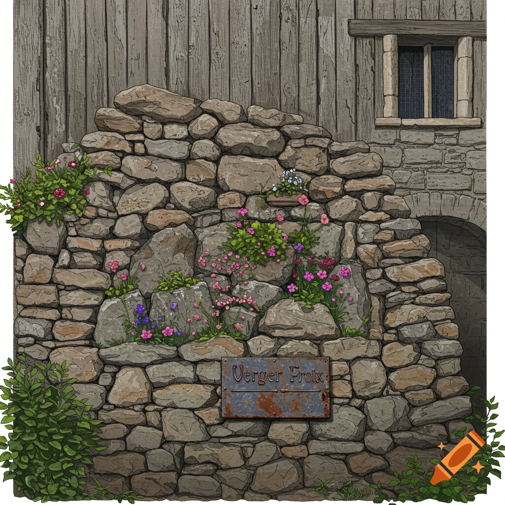 Detailed illustration of a stone wall with flowering plants and a rusted sign, next to a wooden building with a window.