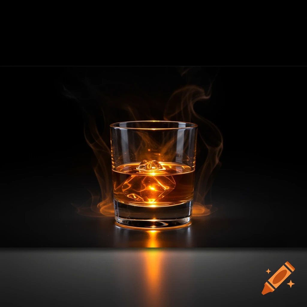 A glass of whiskey with ice glowing with orange light and surrounded by wisps of smoke on a dark background.