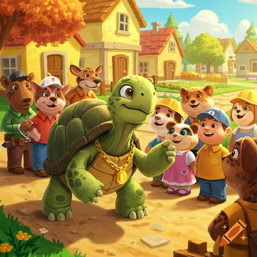 A large cartoon turtle mayor with a medal talks to a group of smiling cartoon animals and children in a sunny village.