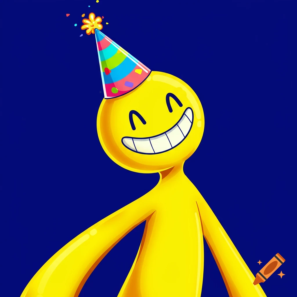 A yellow cartoon character wearing a party hat and smiling widely on a blue background.
