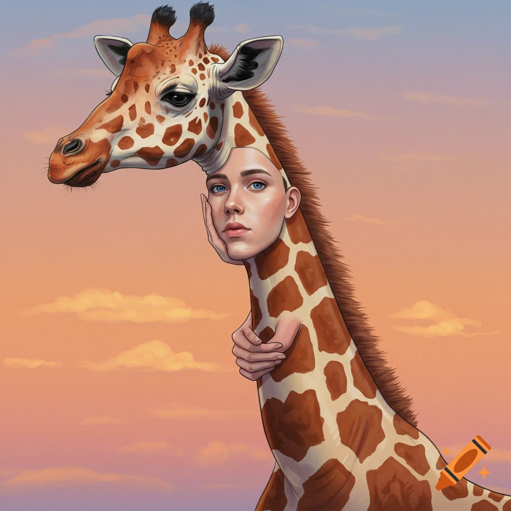 A giraffe with a human face and arms on its neck is depicted against a sunset sky.