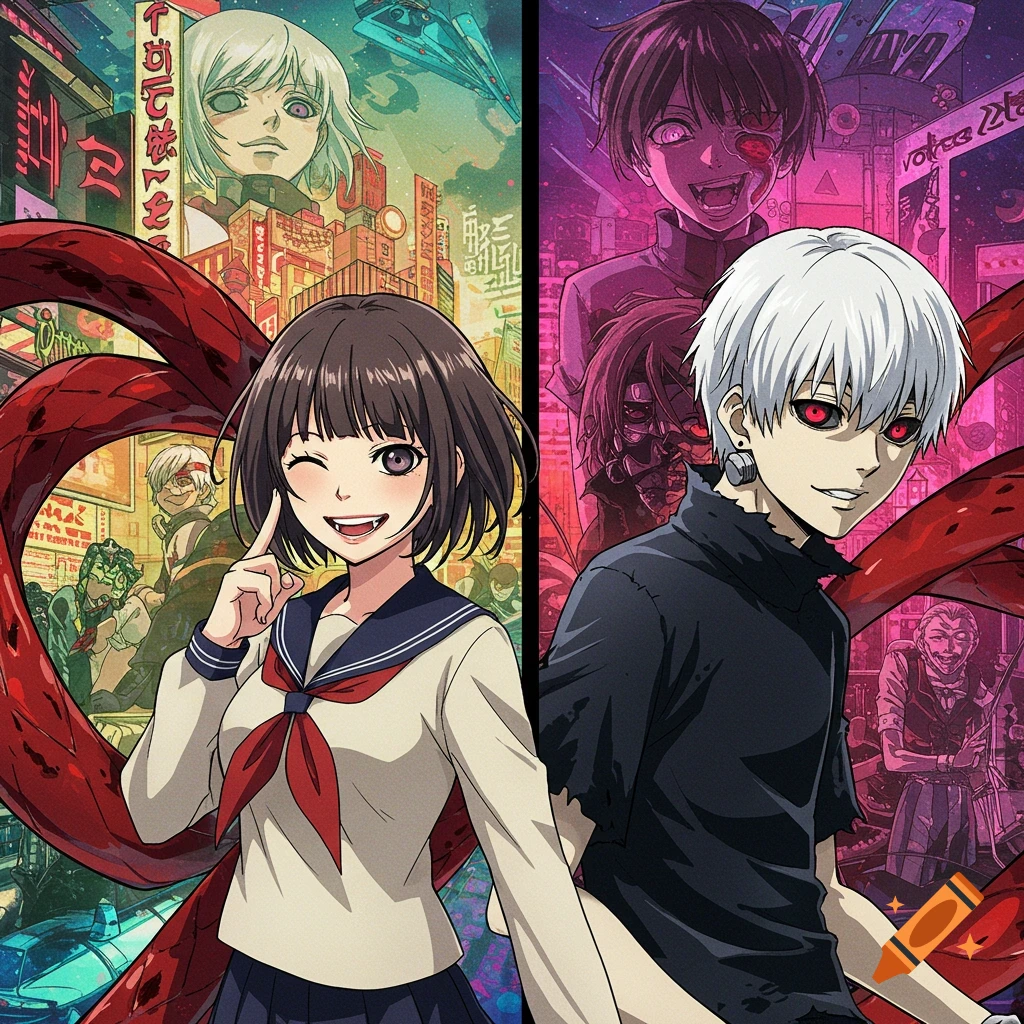 Anime illustration of two characters split down the middle, one winking in school uniform, one with white hair, red tentacles.