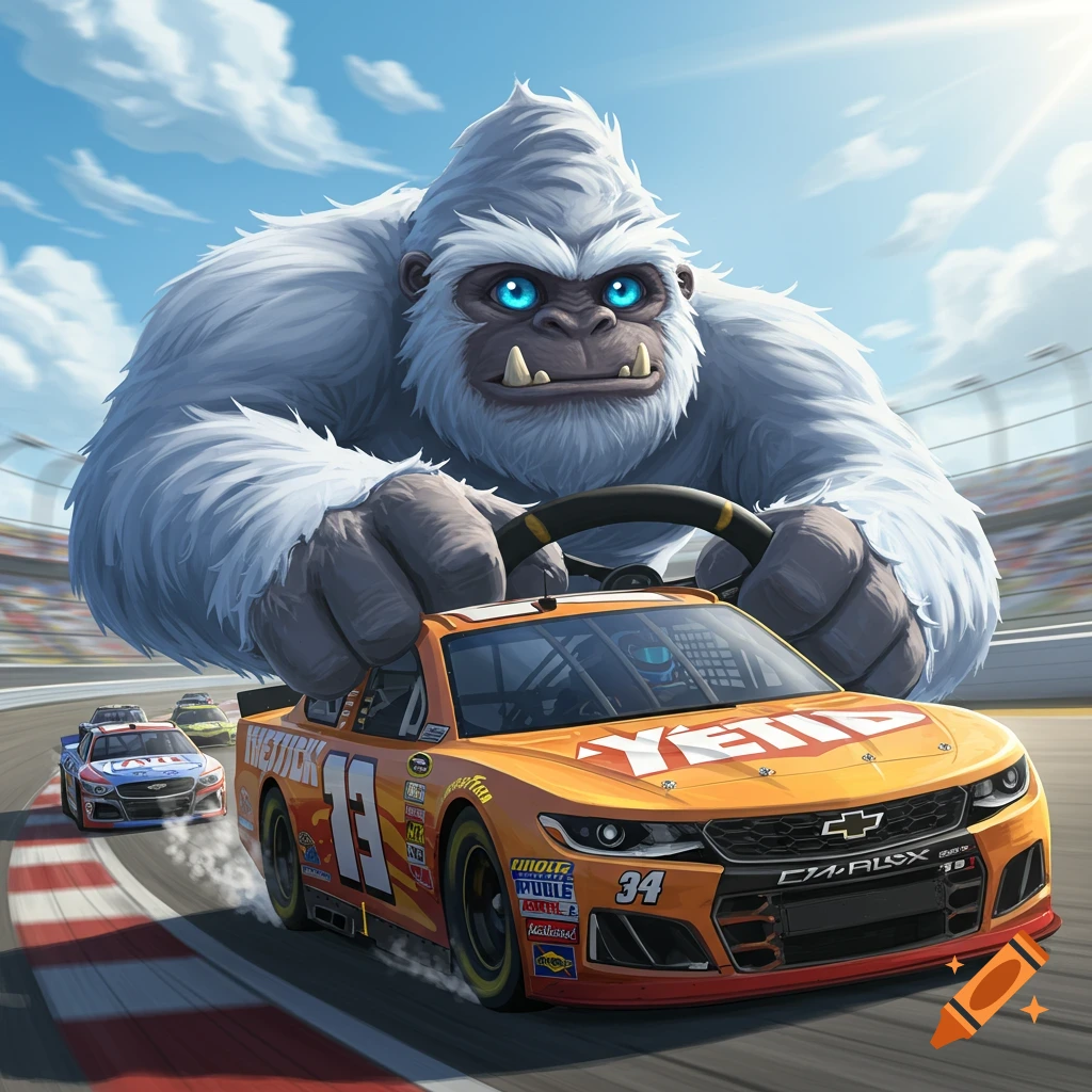 A large yeti driving an orange NASCAR race car on a track.