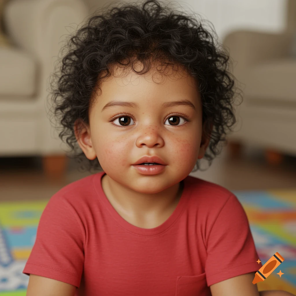 Close-up photorealistic portrait of a toddler boy with curly hair and freckles wearing a red shirt.