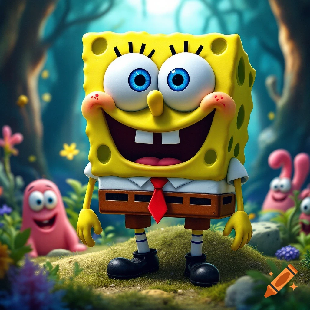 Spongebob Squarepants stands in a vibrant forest clearing with blurry figures in the background.
