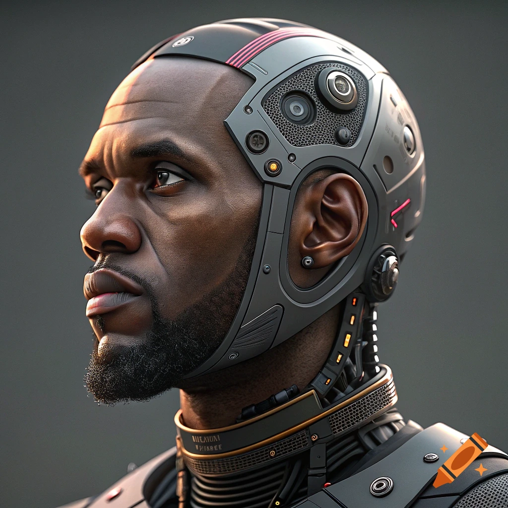 Profile portrait of a man resembling Lebron James wearing a detailed sci-fi cyborg helmet.
