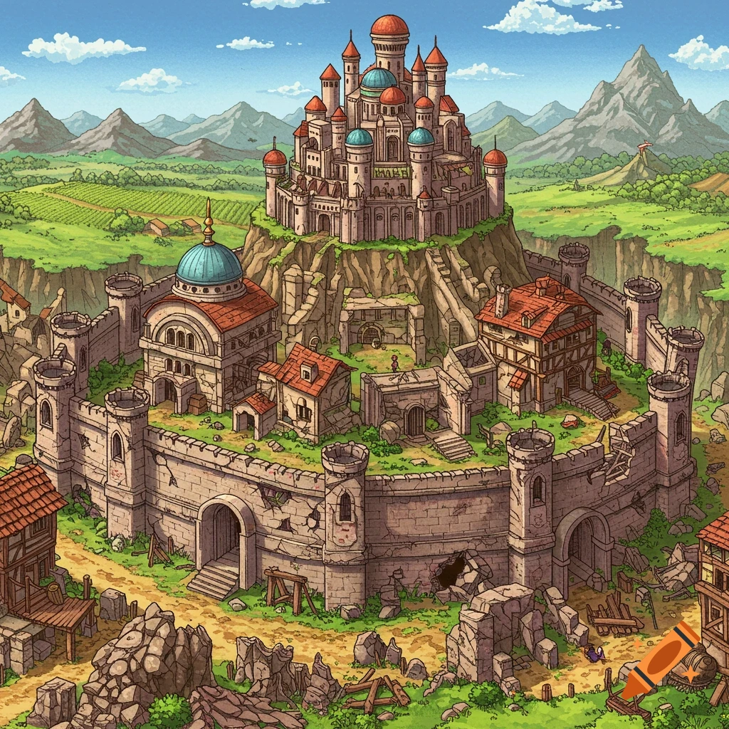 A fantasy castle city built into a cliffside in a valley, rendered in a pixel art style.