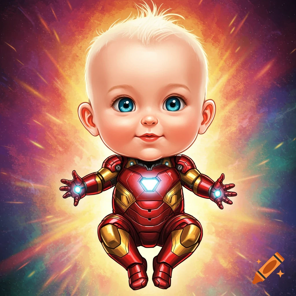 A baby in an Iron Man suit floats in a glowing superhero-style image.