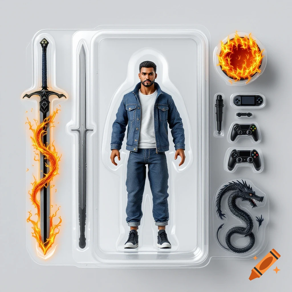 Action figure of a man in denim jacket and jeans packaged with accessories: flaming sword, gaming controllers, dragon.
