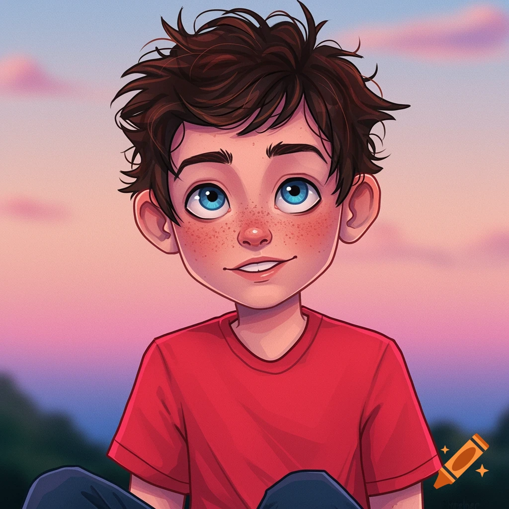 A boy with bright blue eyes, freckles, and messy brown hair, wearing a red shirt, smiling against a blurred pink/blue background.