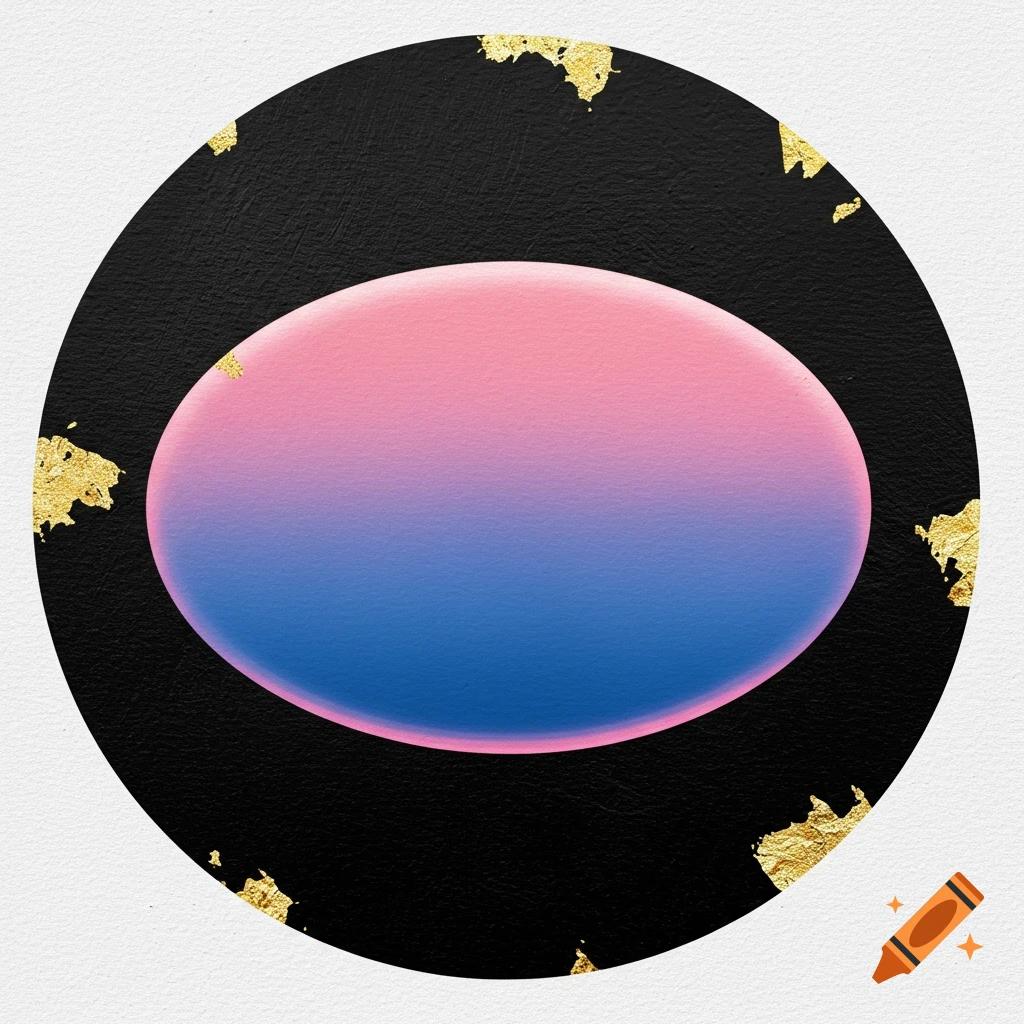 Abstract painting with a pink and blue gradient oval on a black background with gold leaf accents, framed in a circle.