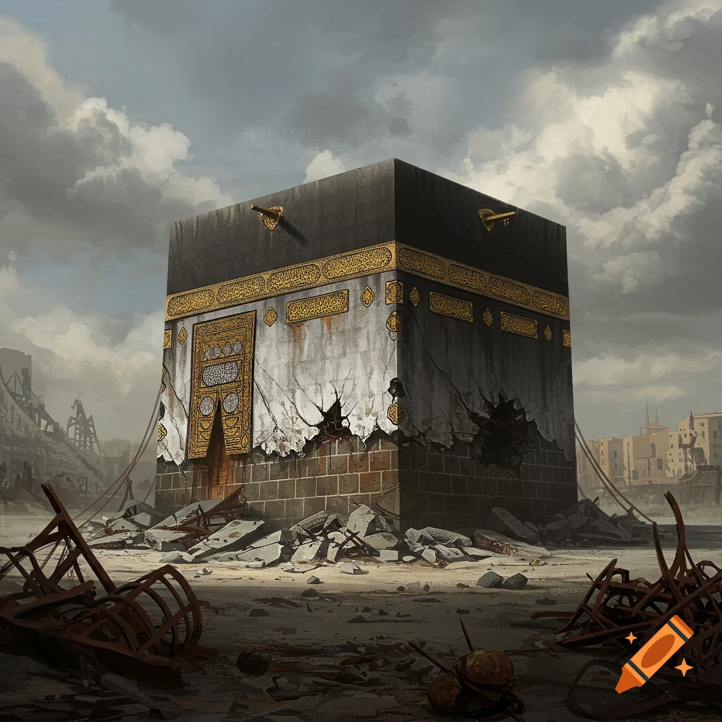 The Kaaba structure stands damaged in a post-apocalyptic landscape under a cloudy sky.