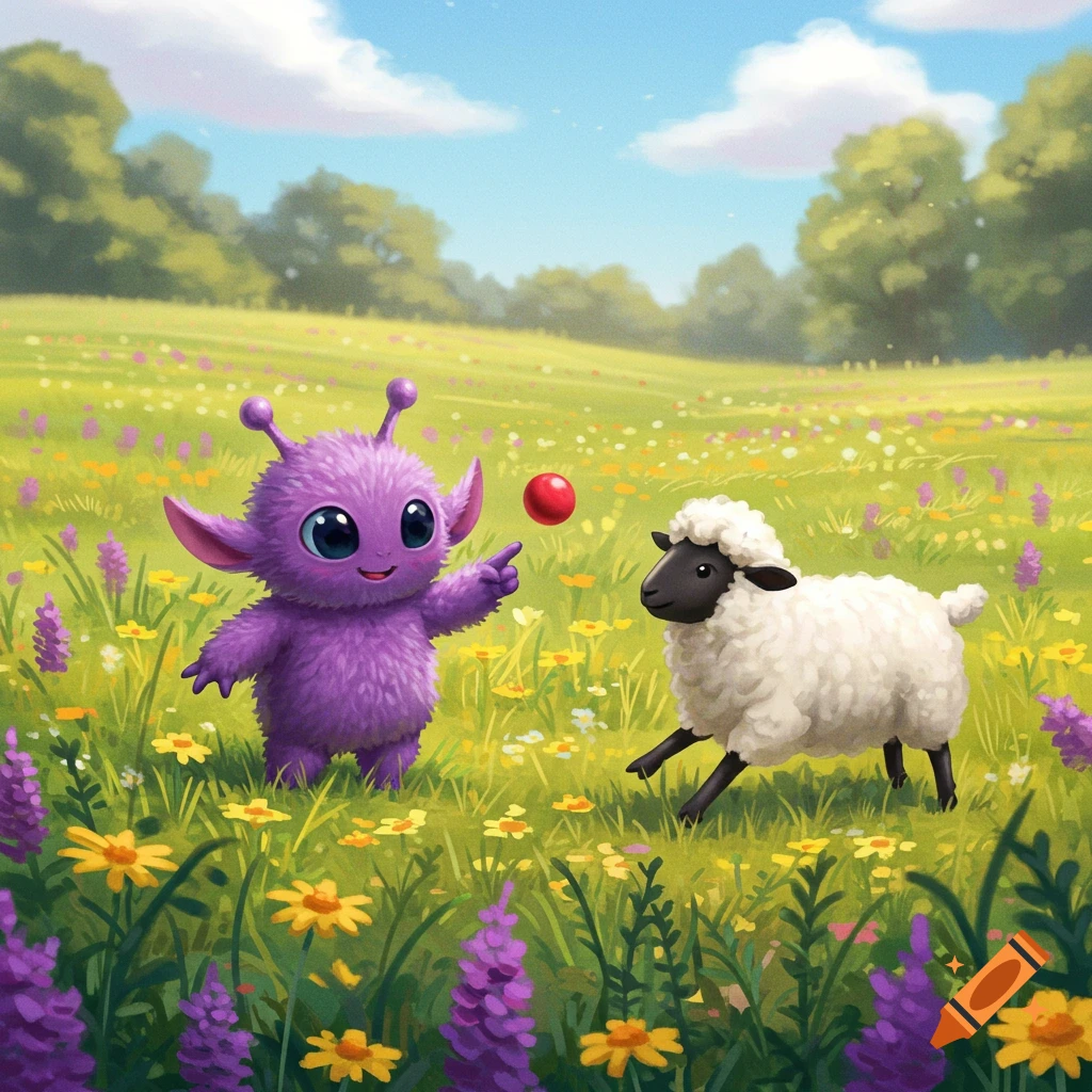 A cute purple alien plays with a white sheep in a field of colorful flowers.
