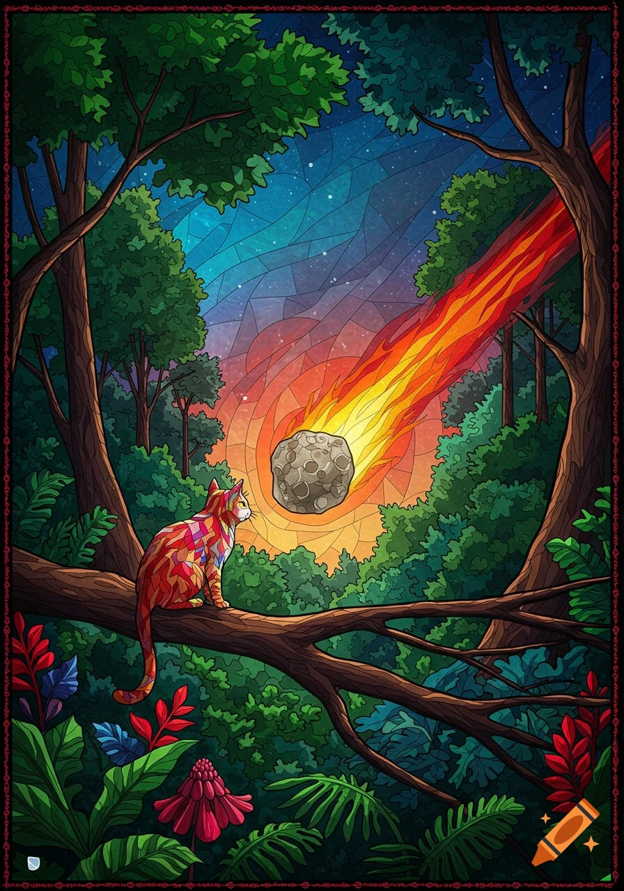 Stained glass depiction of a cat watching a meteorite streak across the sky over a forest.