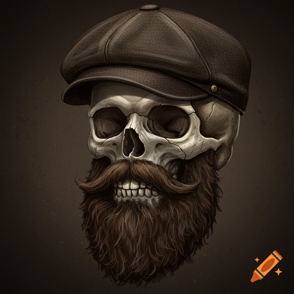 A skull with a mustache and beard wearing a brown newsboy cap.