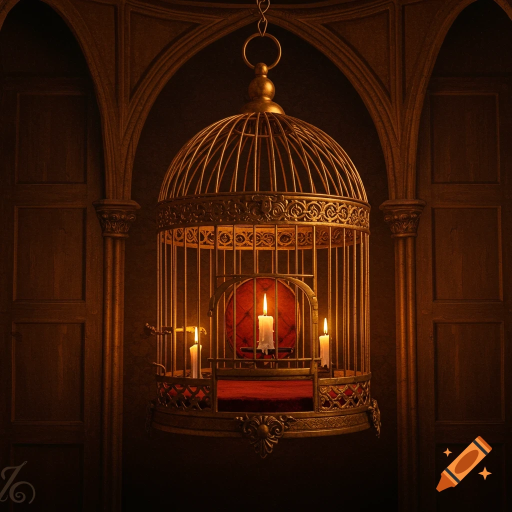 Golden birdcage with three lit candles inside, hanging in a gothic room.