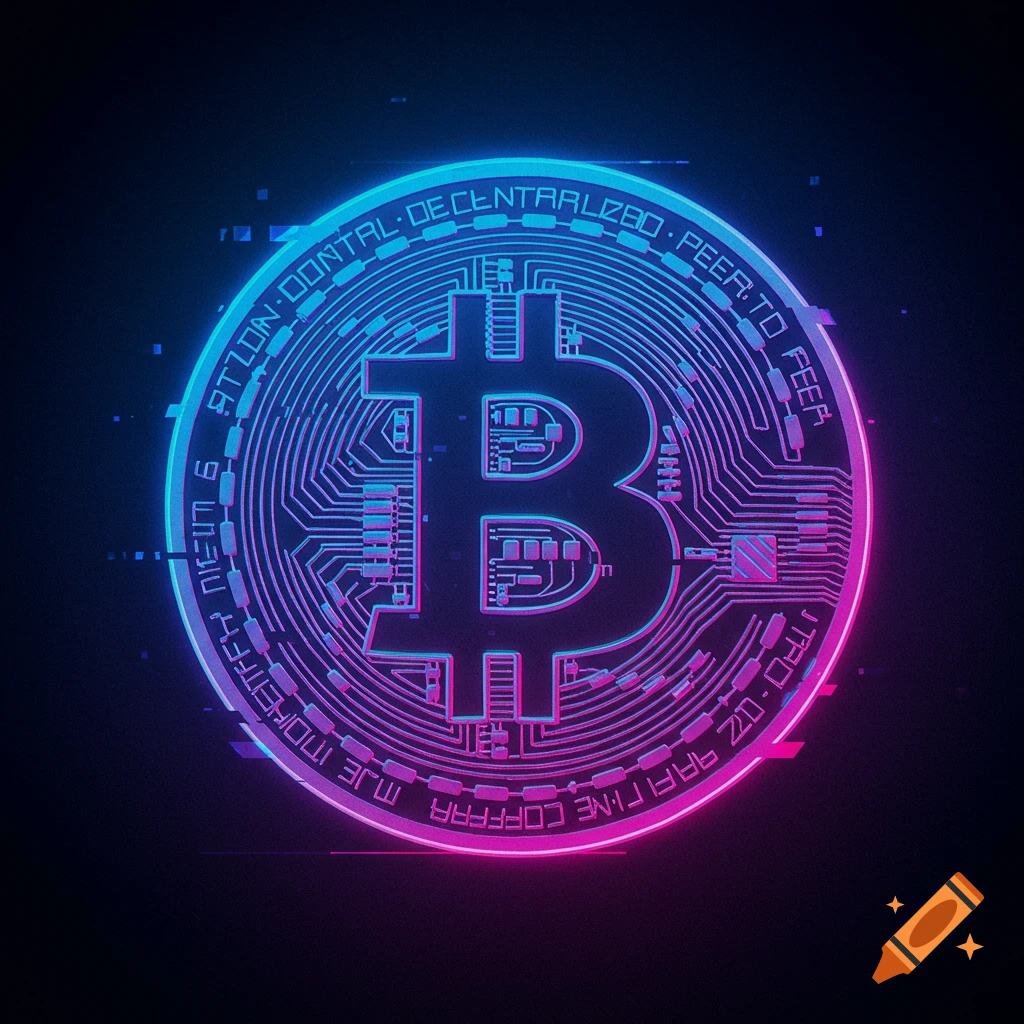 Bitcoin symbol with a neon glitch effect