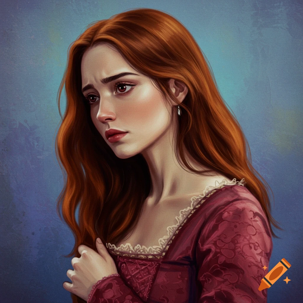 A red-haired woman in a historical dress looking sad